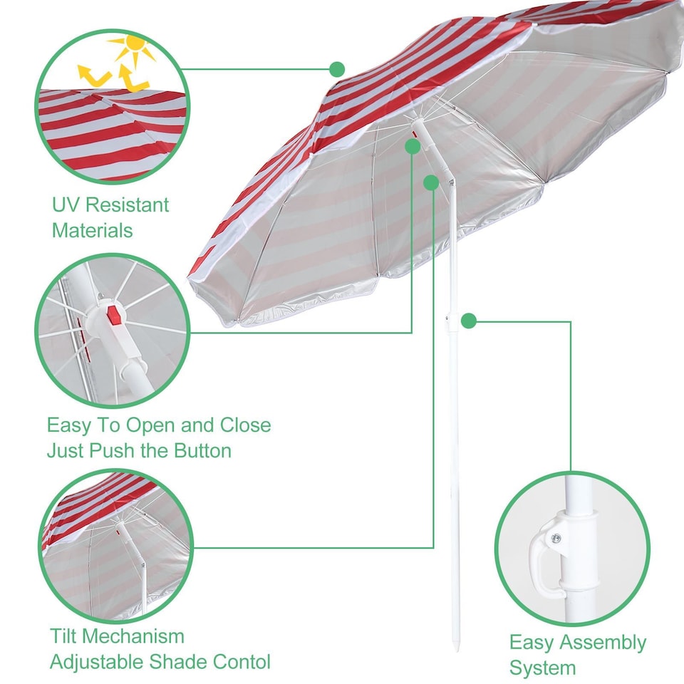 image 1 of The Magic Toy Shop Beach Parasol Red Striped Tilting Height Adjustable Portable Sun Shade