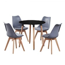 5PCs Dining Set - a Black Round Dining Table & Set of 4 White Lorenzo Tulip chairs with Padded Seat | Grey