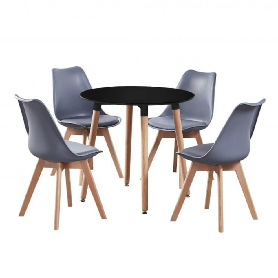 image 1 of 5PCs Dining Set - a Black Round Dining Table & Set of 4 White Lorenzo Tulip chairs with Padded Seat | Grey