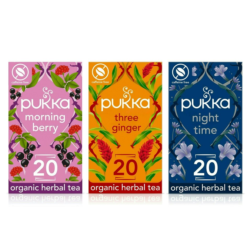 image 1 of Pukka Herbs Organic Herbal Tea, Day to Night Bundle with Morning Berry, Three Ginger & Night Time, 3 Packs of 20 Teabags