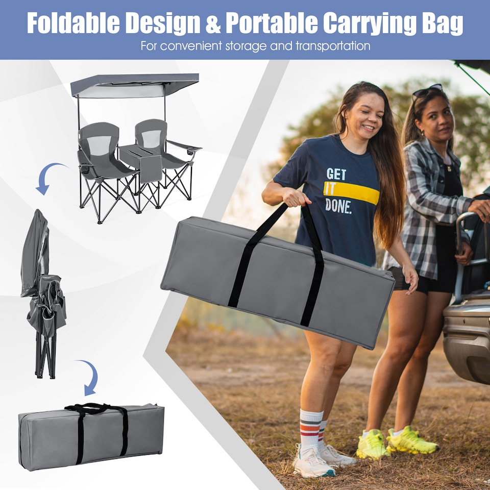 image 1 of COSTWAY Double Sunshade Folding Chairs 2-person Chairs | Grey
