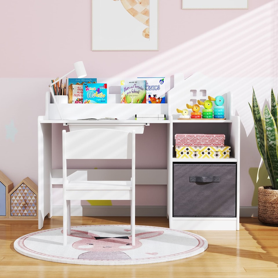 image 1 of COSTWAY Kids Study Desk and Chair Set Children Table White