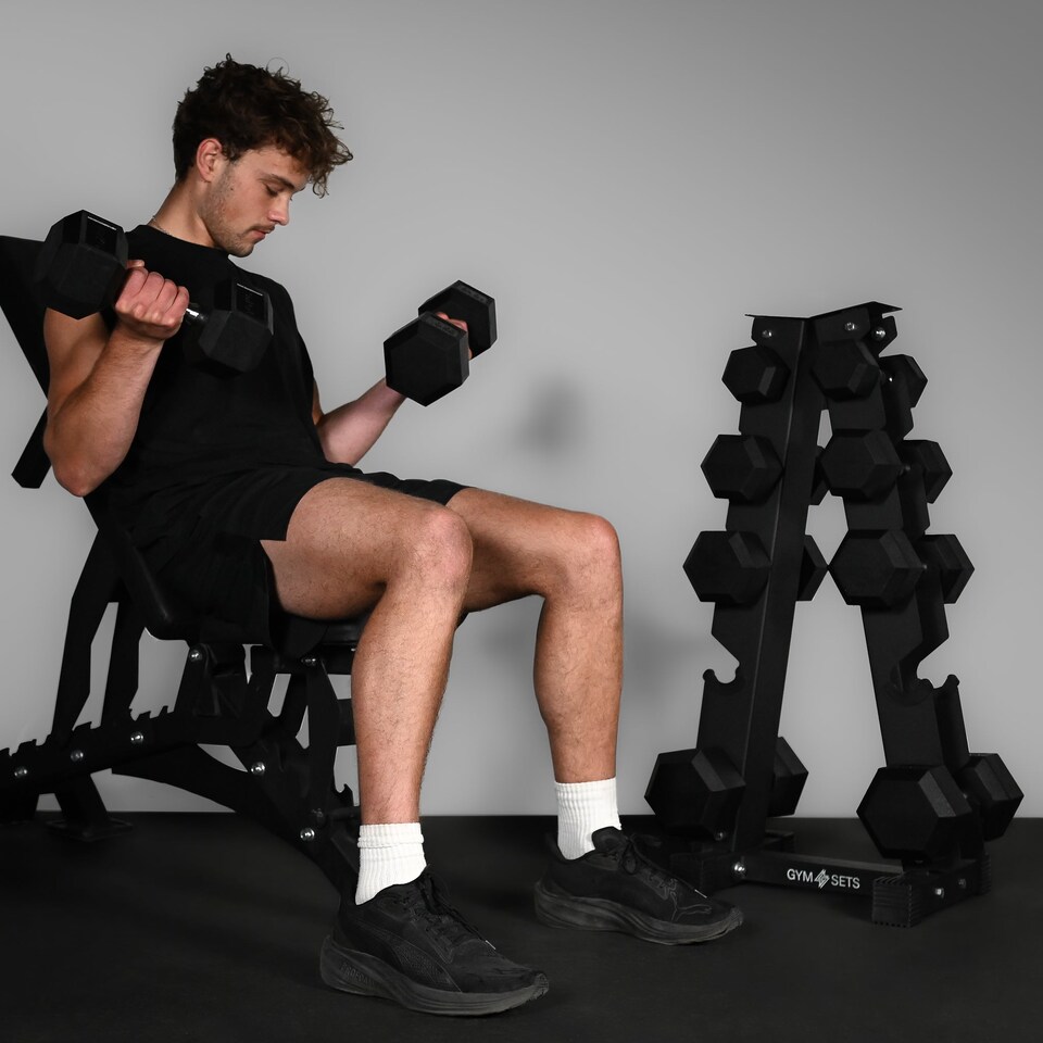 image 1 of GYM SETS 5 & 6 Tier Hex Dumbbell Tree Rack- (5 Tier Tree 2.5-12.5kg (No Weights) + No Bench)