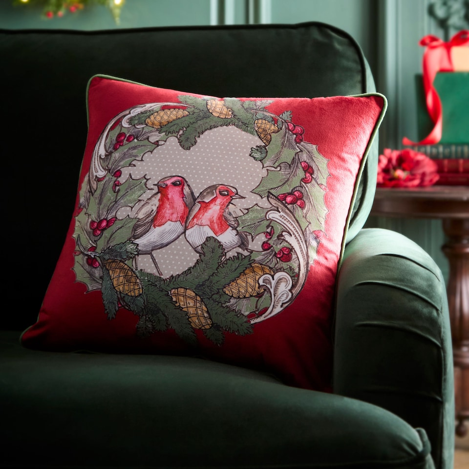 image 1 of Laurence Llewelyn-Bowen Festive Robin Cushion Cover Red