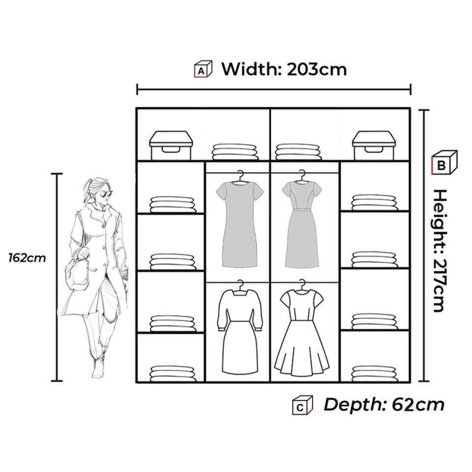 image 1 of Spacious 203cm Sliding Wardrobe with Paneled Mirror Doors & Votan Strip | Adjustable Interior | White, Black, Grey, Oak Black | Black203cm