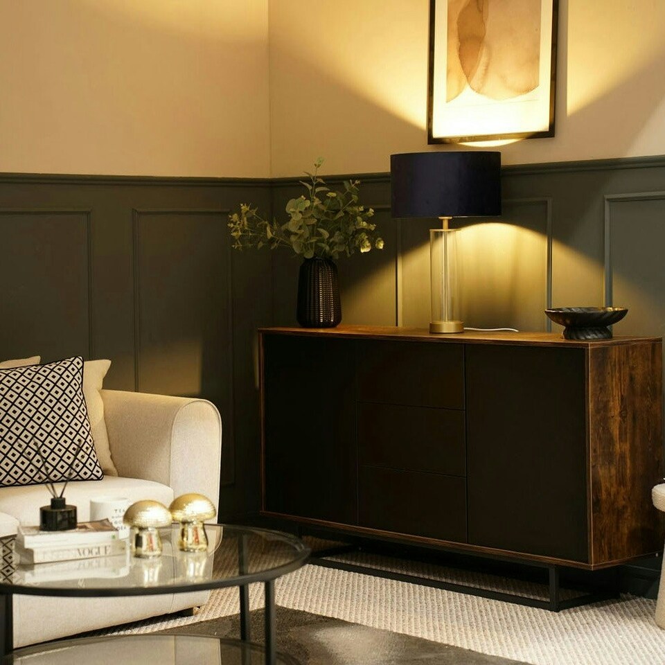 image 1 of ValueLights Clear Tube and Gold Metal Bedside Table Lamp with a Navy Blue Velvet Shade - LED Bulb Included