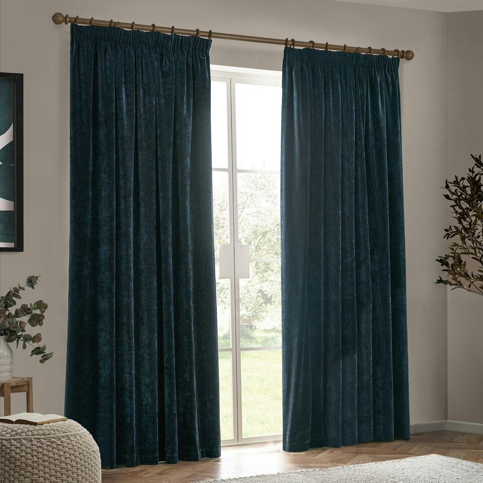 image 1 of Yard Heavy Chenille Velvet Navy Pencil Pleat Curtains  (W)168cm x (D)229cm Multi