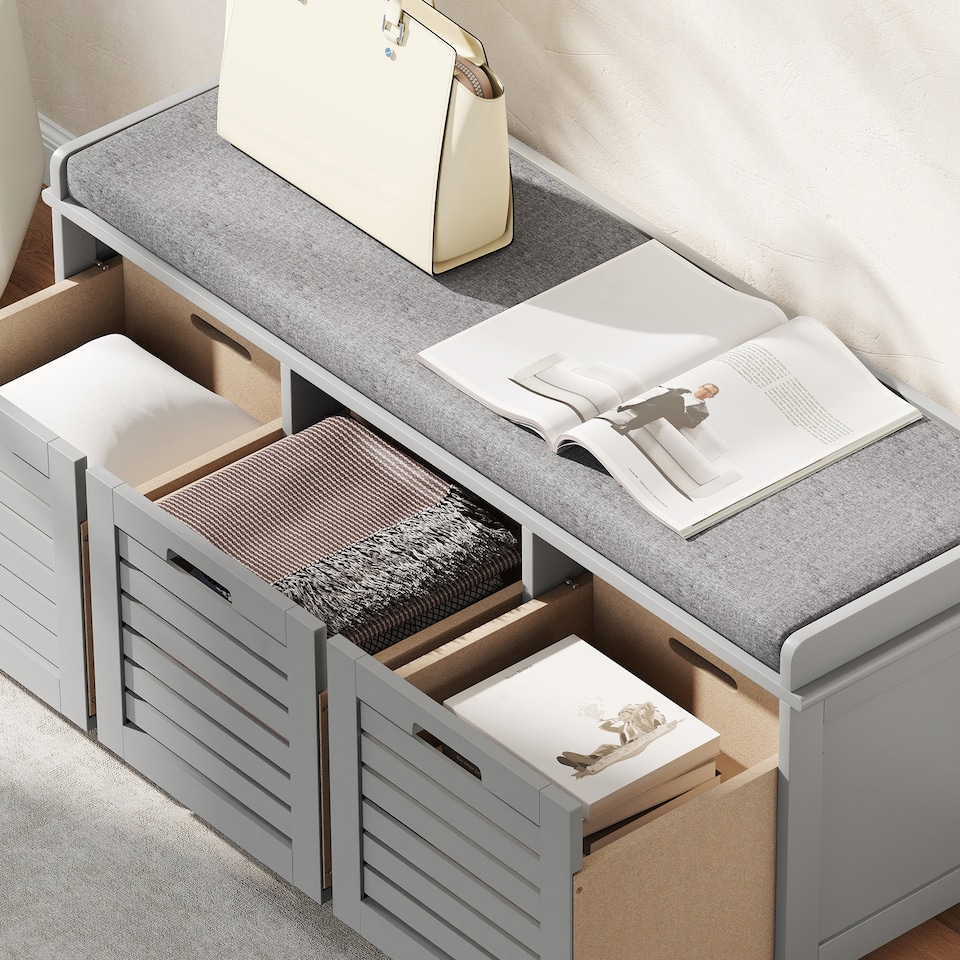 image 1 of HOMCOM Shoe Bench, Linen-look Shoe Storage Bench with 3 Drawers, Removable Seat Cushion and Slatted Doors for Hallway Entryway, Grey | Grey