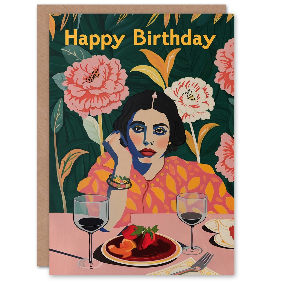 image 1 of Serious Girl Dinner Party Drinks Floral Her Birthday Card