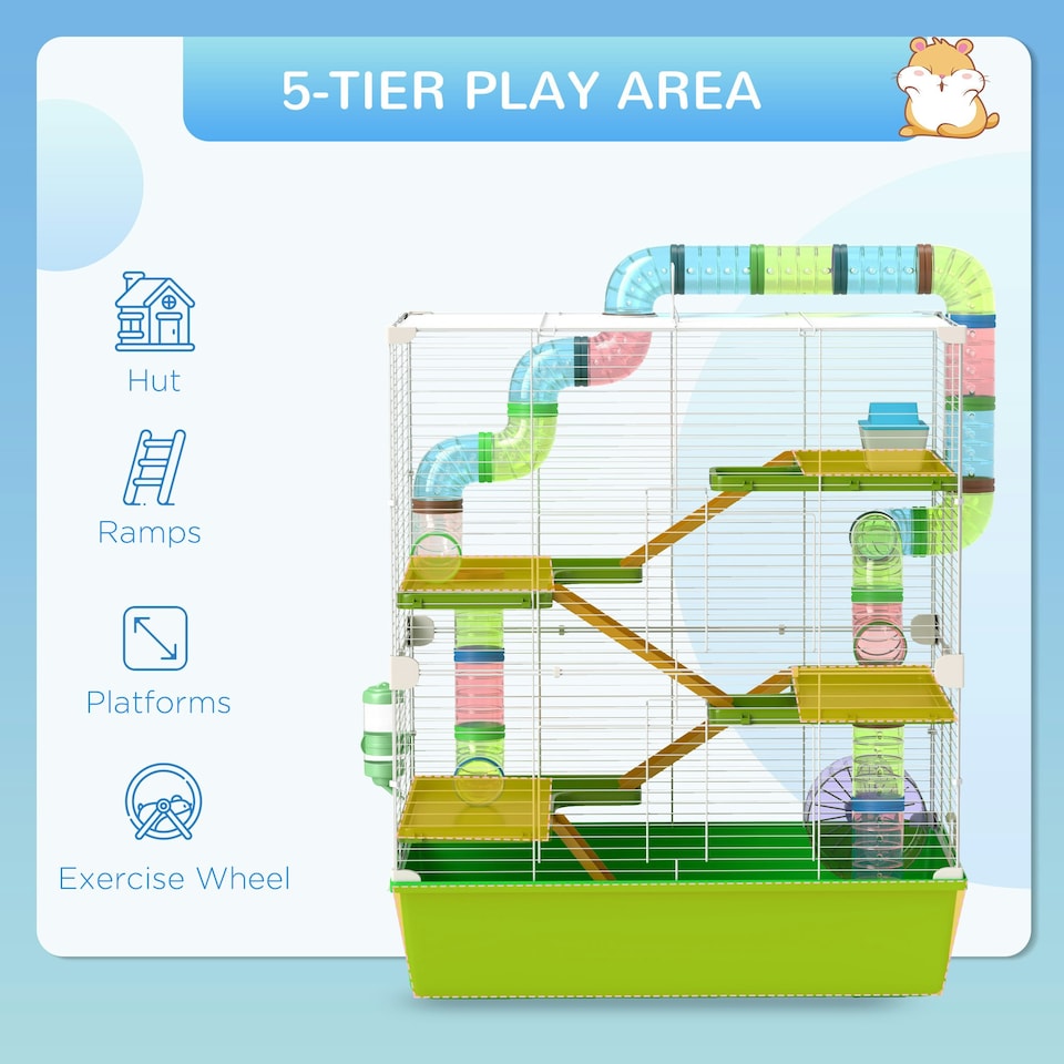image 1 of PawHut Hamster Cage w/ Water Bottle, Exercise Wheel, Tubes, Ramps - Green