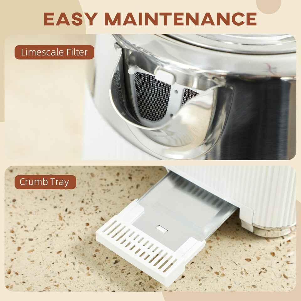 image 1 of HOMCOM 1.7L 3000W Rapid Boil Kettle and 4 Slice Toaster Set Crumb Tray White