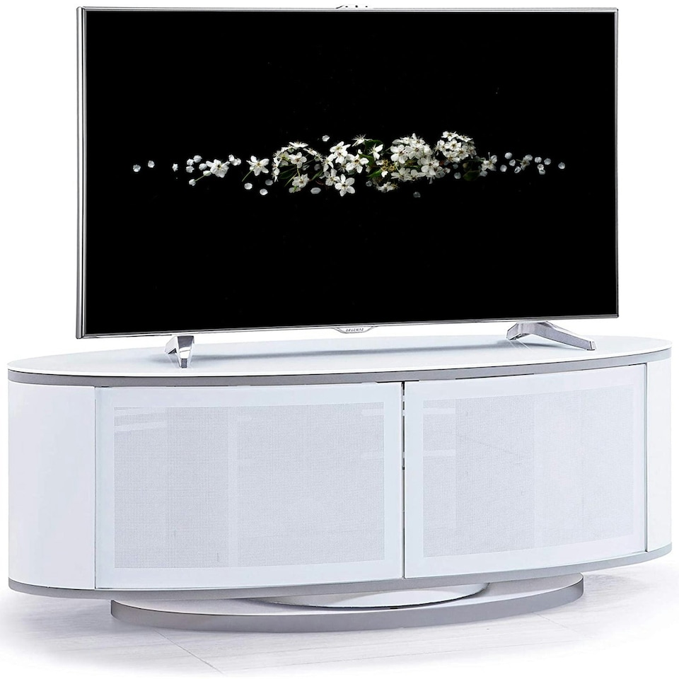 image 1 of MDA Designs LUNA Gloss White Oval Cabinet with White Profiles White BeamThru Glass Doors Suitable for Flat Screen TVs up to 50" | Multi | 1