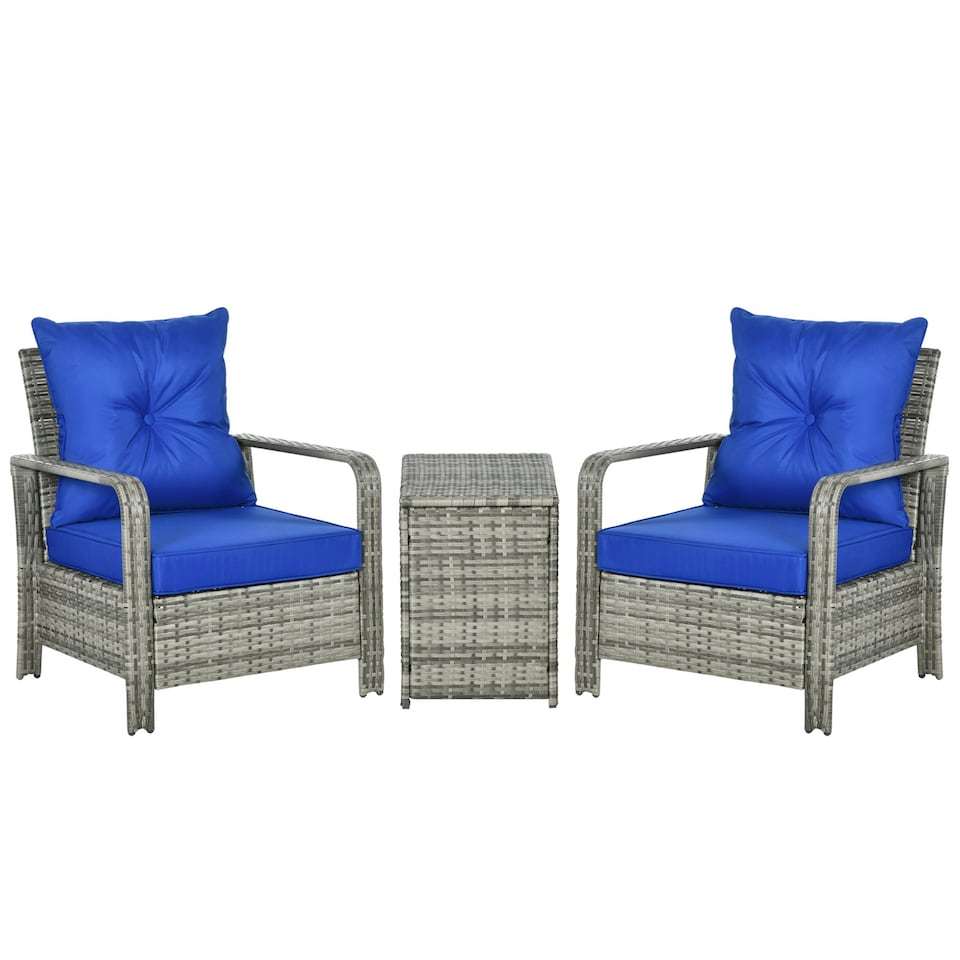 image 1 of Outsunny 3 PCs PE Rattan Garden Sofa Set with 2 Chairs & Storage Table