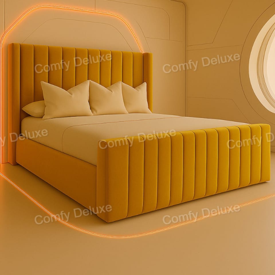 4FT Small Double  Mustard Plush Bed Frame With 54inch Headboard Solid Bed Base