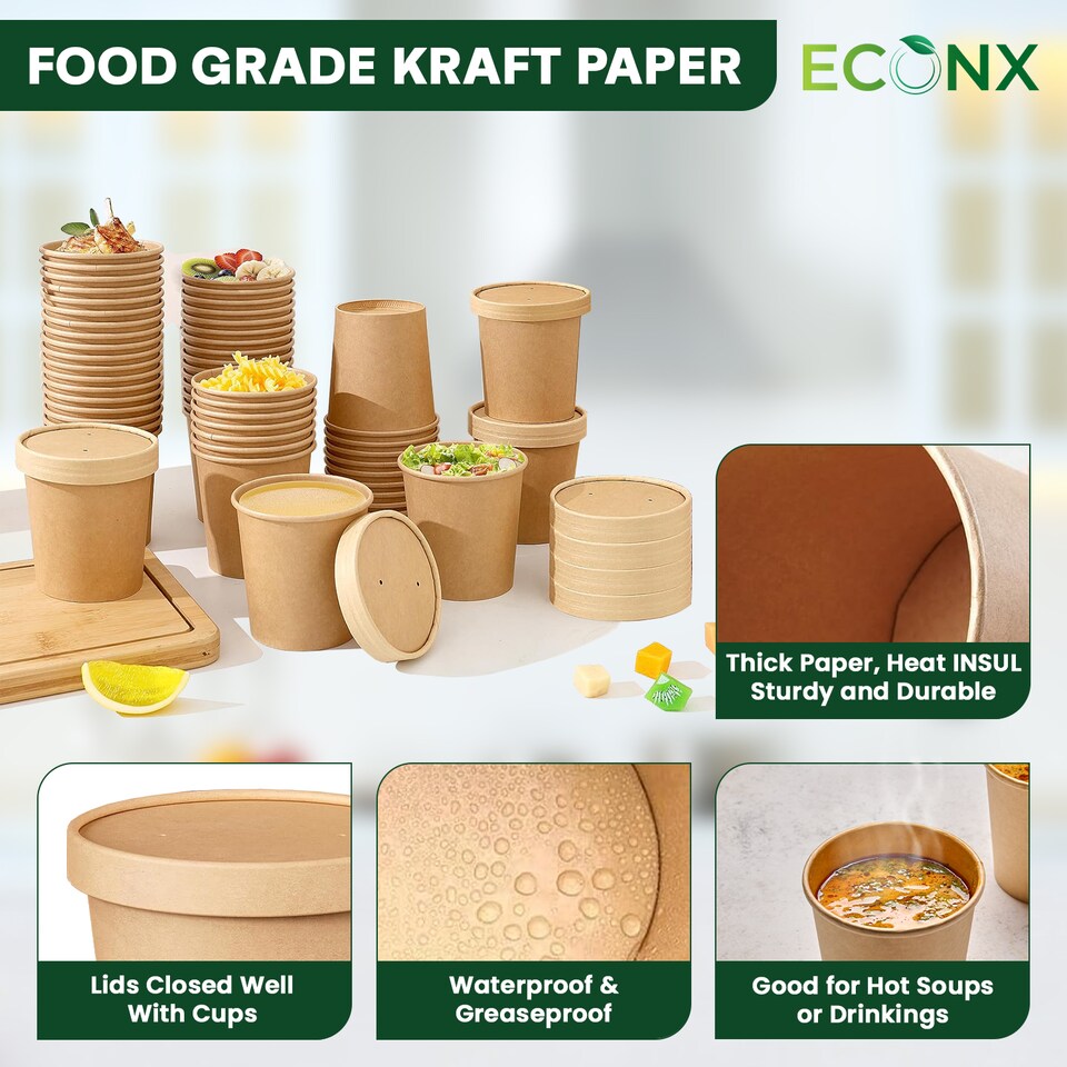 image 1 of ECONX 32oz Kraft Disposable Paper Soup Cups Food Containers with Lids Takeaway Tubs 100pc