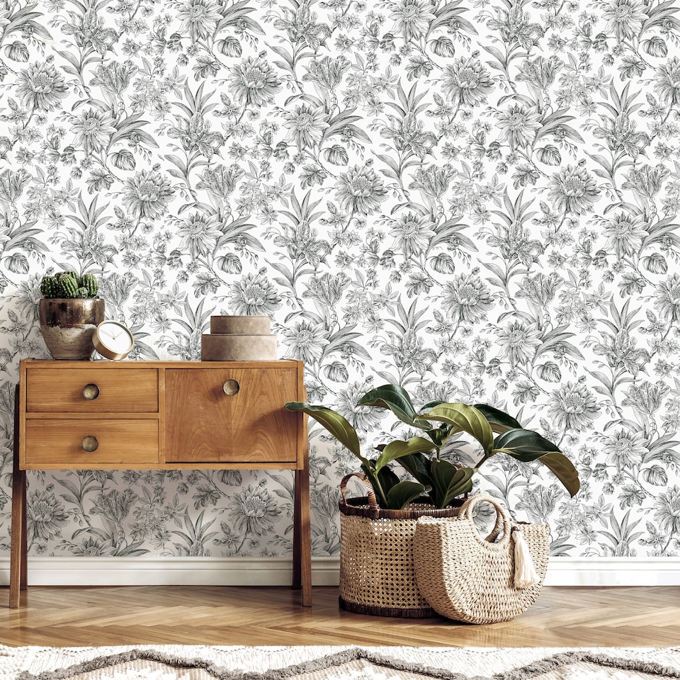 image 1 of NuWallpaper NHS4769 Etched Floral Mono Peel & Stick Wallpaper, Black | Black | Black | 2.86m² | 1