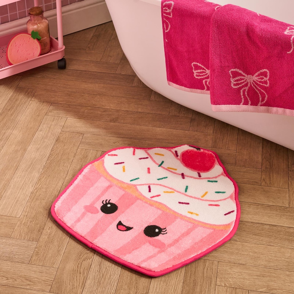 image 1 of OHS Character Novelty Bath Mat Soft Velvet Quick Dry Non-Slip Shower Rug | Pink | Sprinkle the Cupcake