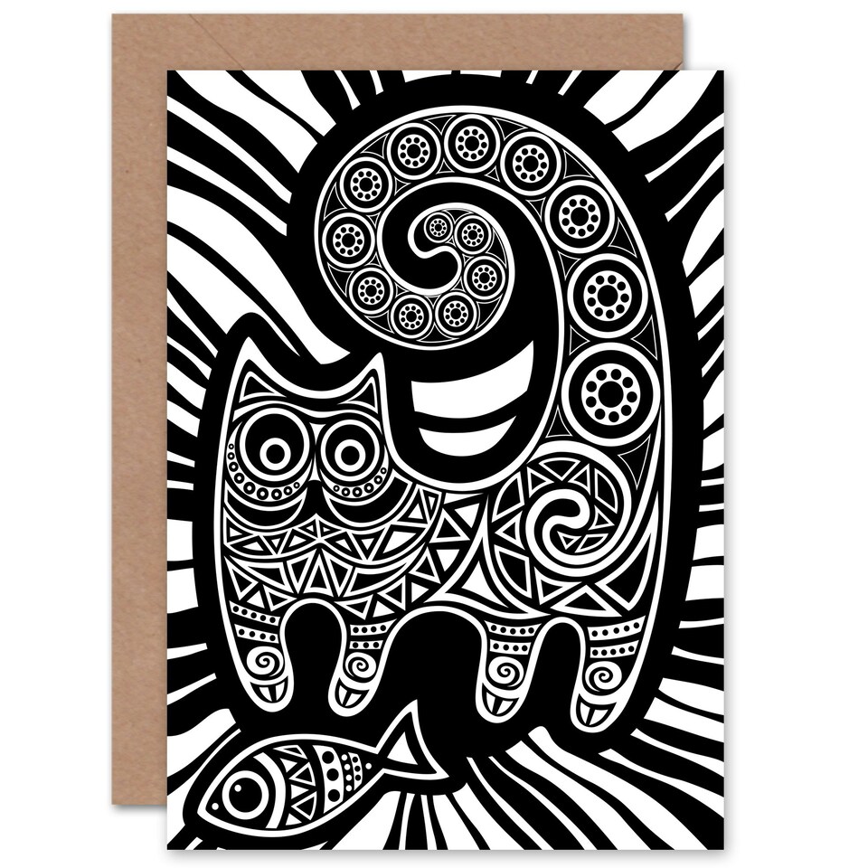 image 1 of Cat and Fish Folk Art for Wife Her Thank You Art Card
