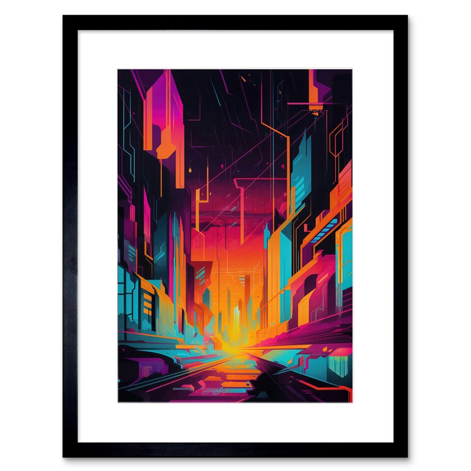 image 1 of Neon Light Colour Abstract Metropolis Cityscape Sunrise 9x7" Black Framed Wall Art Print