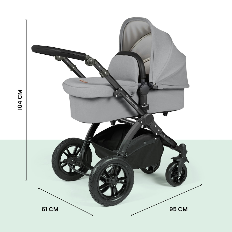 image 1 of Stomp Luxe 12pc Travel System with Cirrus i-Size Car Seat & ISOFIX Base, Carrycot, Reversible Seat, Rain Cover & More (Black/Pearl Grey/Black)