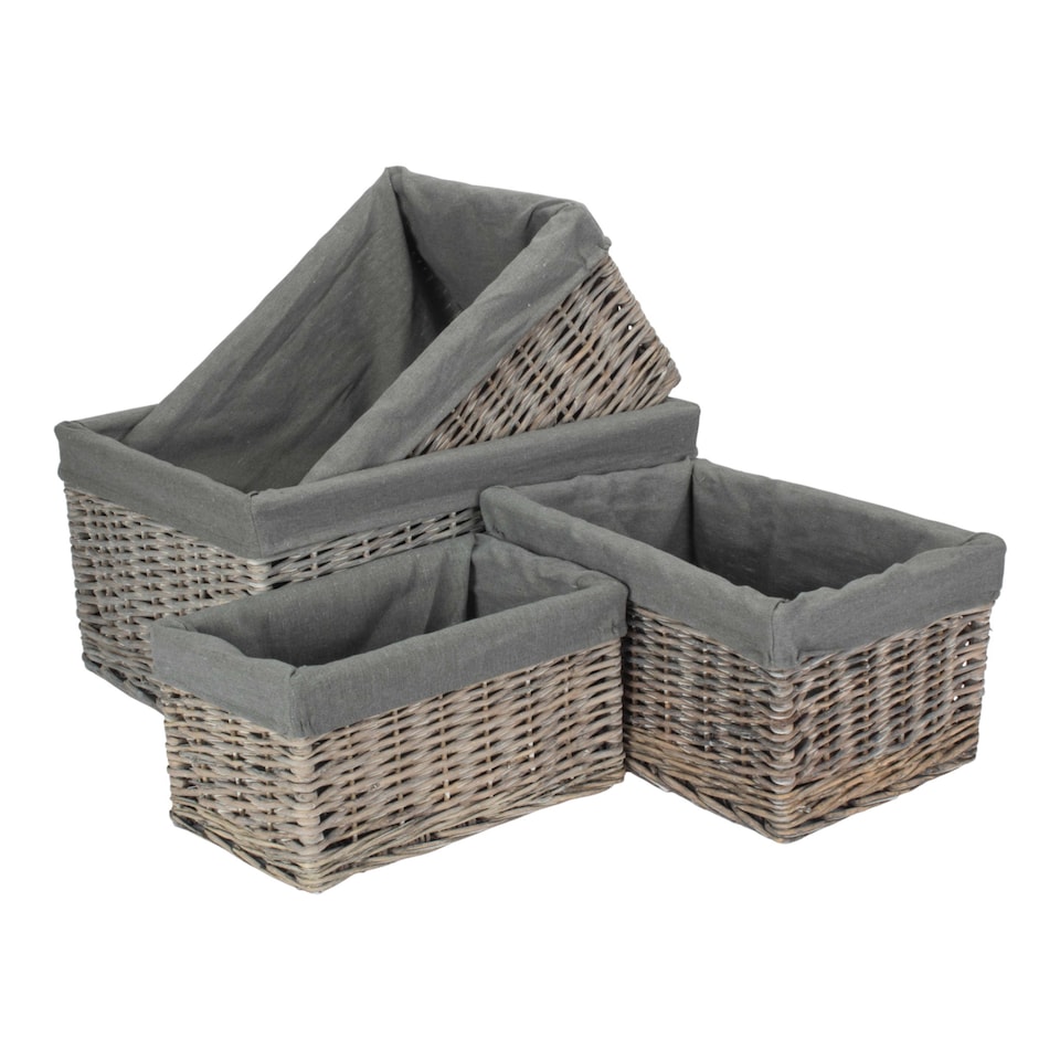 image 1 of Set of 4 Grey Wash Grey Cotton Lined Willow Storage Baskets | Brown | Grey | Not provided | 4