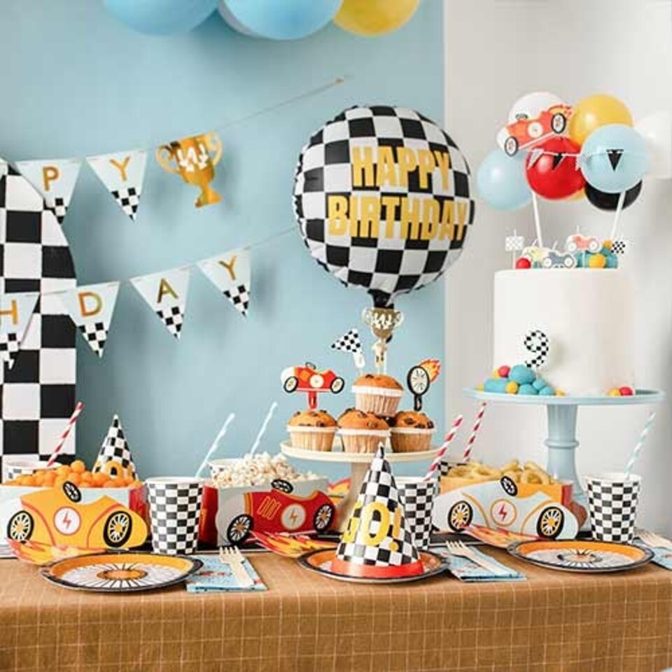 image 1 of Go! Checkered Flag Racing Party Hats 16cm - Pack of 6