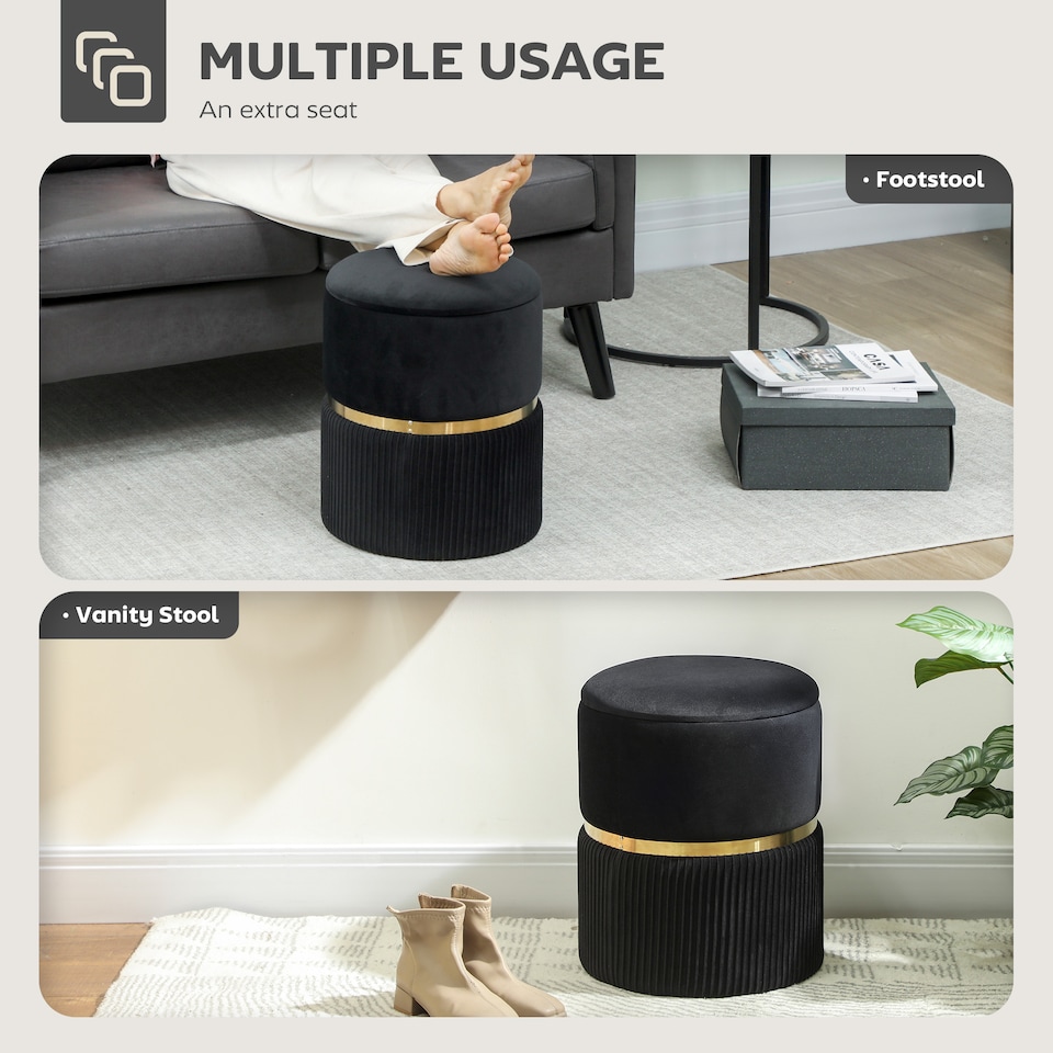 image 1 of HOMCOM Round Pouffe Storage Footstool with Hidden Space, Black | Black