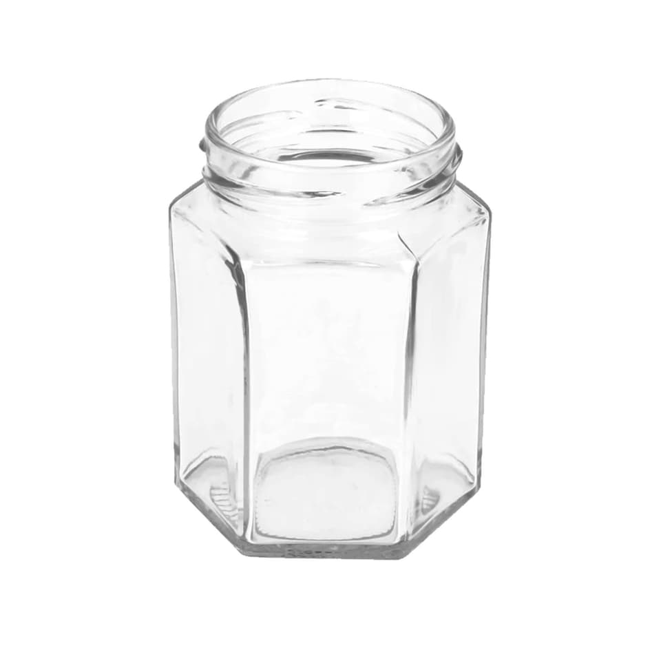 image 1 of Argon Tableware Hexagonal Glass Jam Jars with Yellow Gingham Lids - 250ml - Pack of 24