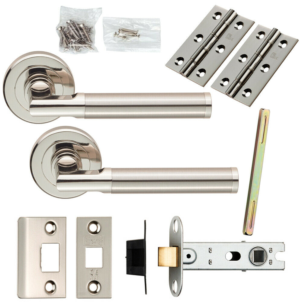 Loops Door Handle & Latch Pack Polished & Satin Nickel Section Bar Screwless Rose in Metallics