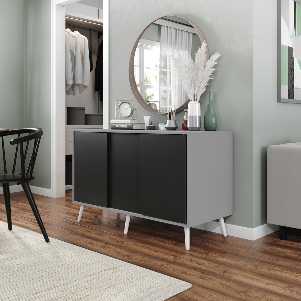 image 1 of URBNLIVING Grey Carcass 3 Door Sliding Storage Cabinet | Multi | Black Doors & White Legs | 1