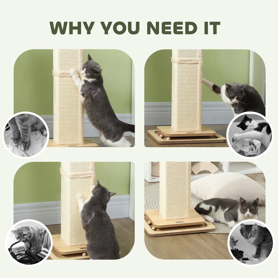 image 1 of PawHut 3-in-1 Cat Scratcher Post with Sisal Track Ball Toy, Light Oak