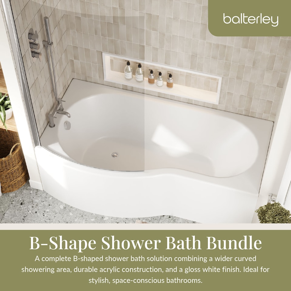 image 1 of 1700 mm Left Hand B Shape Shower Bath with Screen & Front Panel White | White | White | 1695 x 900 x 415mm