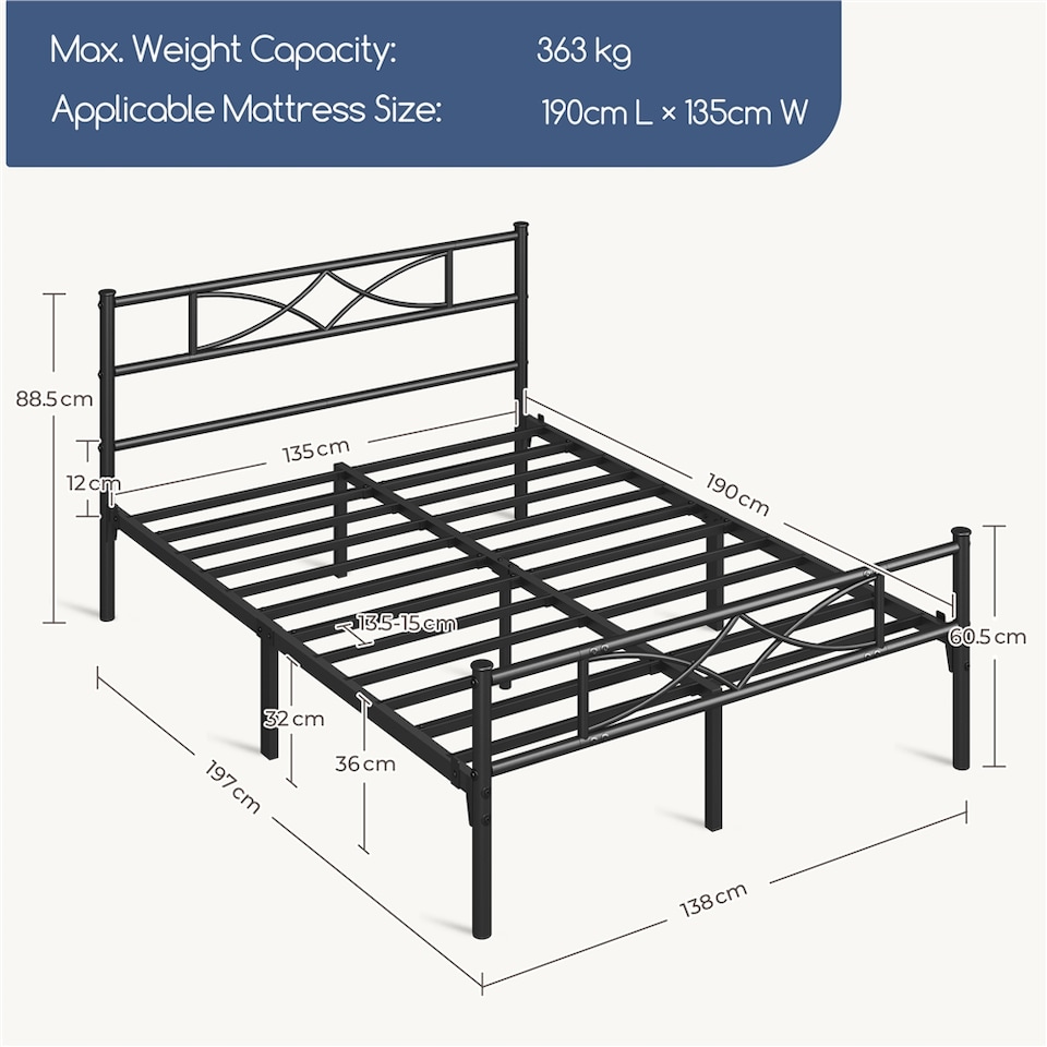 image 1 of Yaheetech 4ft6 Double Metal Platform Bed Frame with Headboard | Black | Double | 1