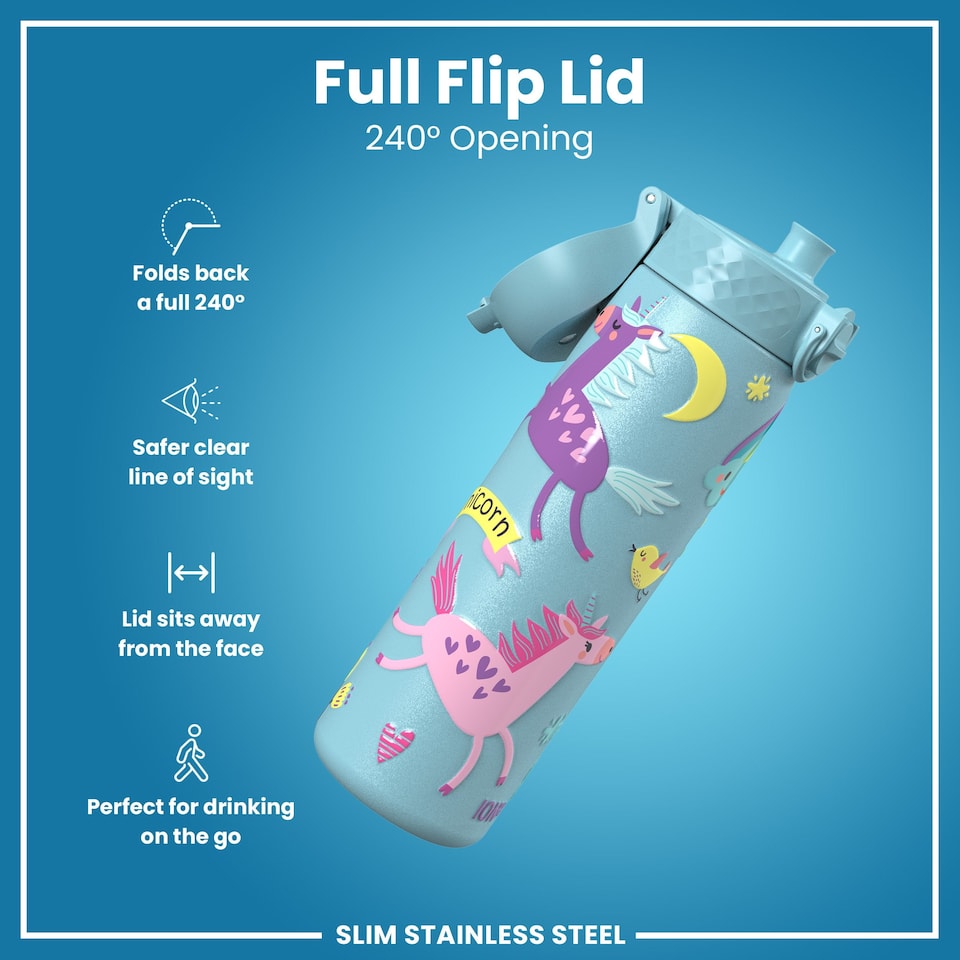 image 1 of Leak Proof Slim Water Bottle, Stainless Steel, 600ml (20oz) | Blue | Unicorns Blue | One Size