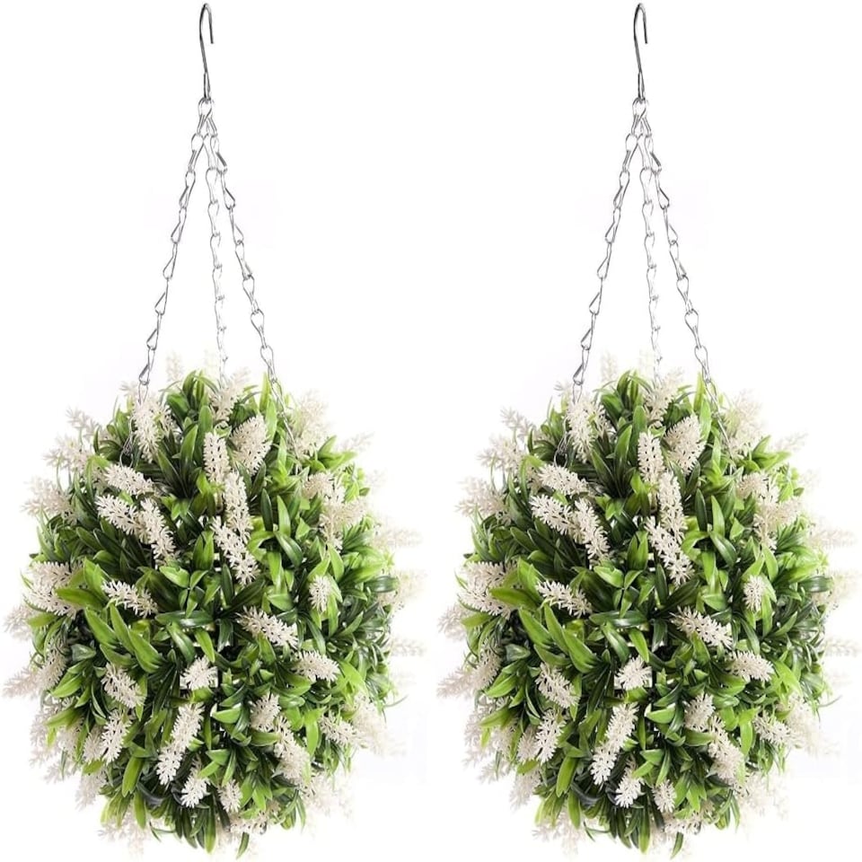 Pair of Best Artificial 28cm White Lush Lavender Hanging Basket Flower Topiary Ball - Weather & Fade Resistant