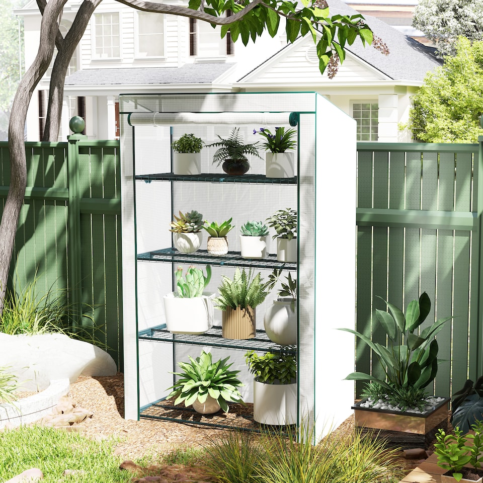 image 1 of Outsunny 4 Tier Lean-to Mini Greenhouse with Reinforced PE Cover, Green