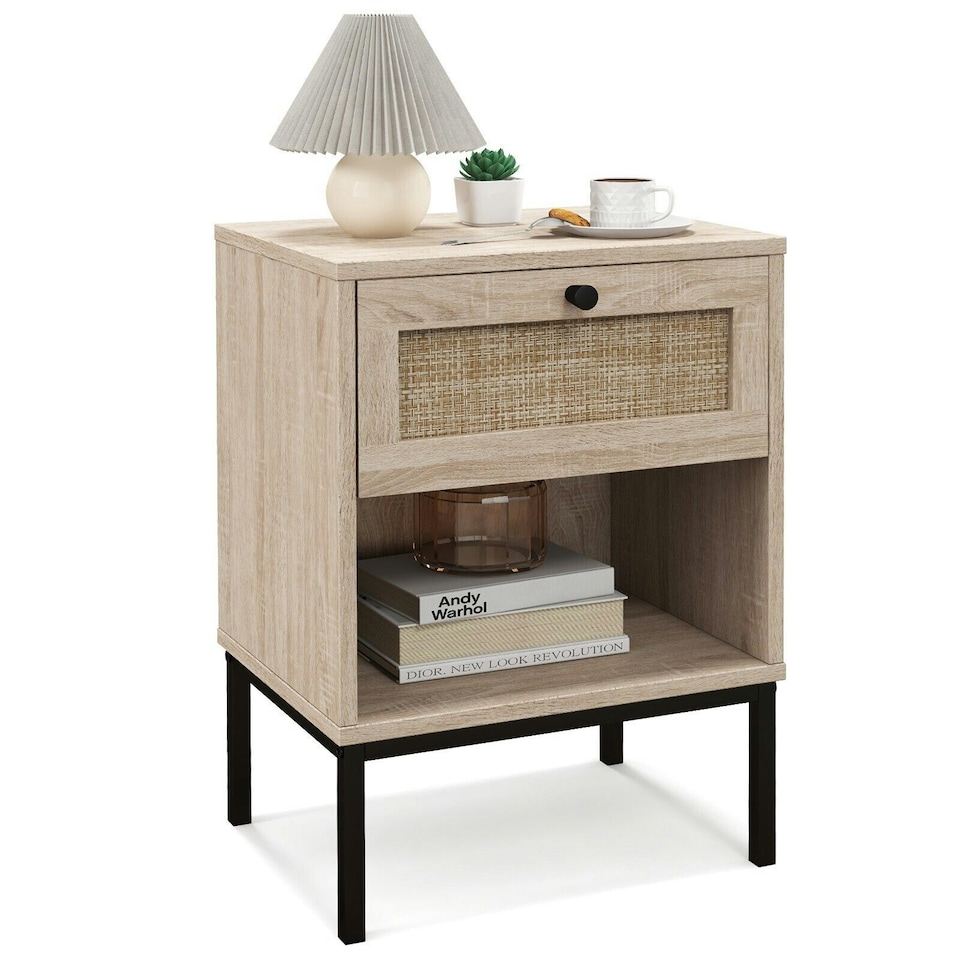 image 1 of COSTWAY 2-Tier Nightstand Bedside Table Wood Top Side Table Brown