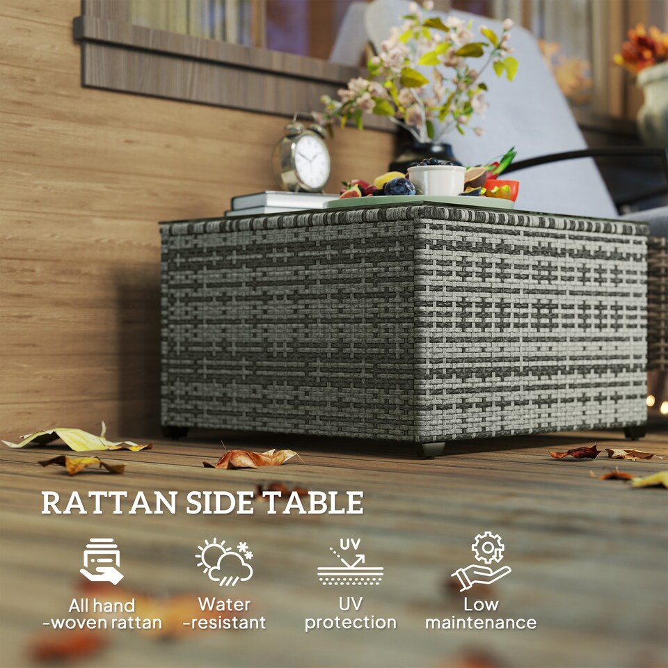 image 1 of Outsunny Outdoor Coffee Table with Glass Top, Rattan Side Table, Light Grey