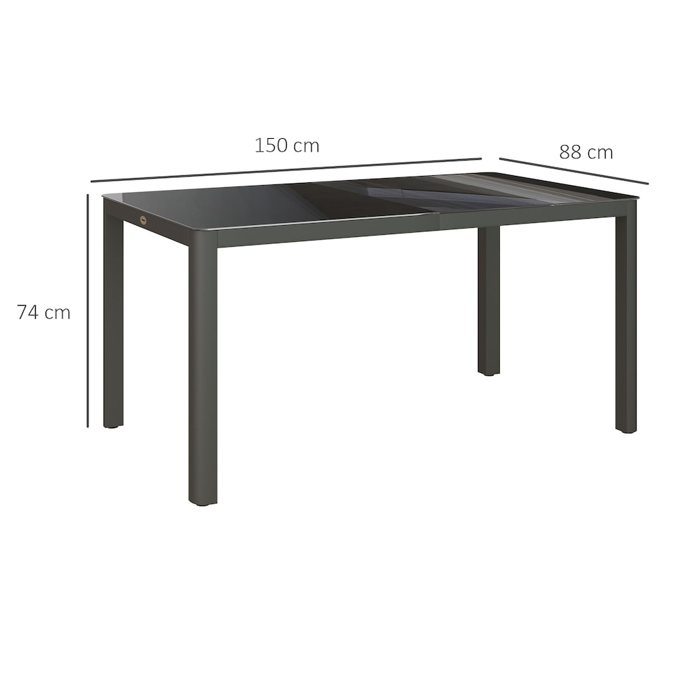 image 1 of Outsunny Outdoor Dining Table for 6 People, 150 x 88 cm Rectangular Garden Table with Aluminium Frame, Tempered Glass Top and Height Adjustable Feet for Balcony, Porch, Terrace, Grey