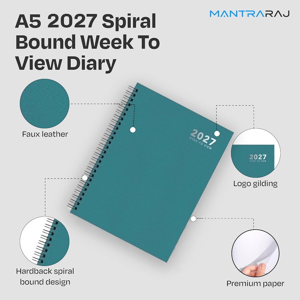 image 1 of 2027 Diary A5 Size Wiro Week to View Bright Diary Spiral Week To View Hardcover Diaries Planner Organizer (Green)