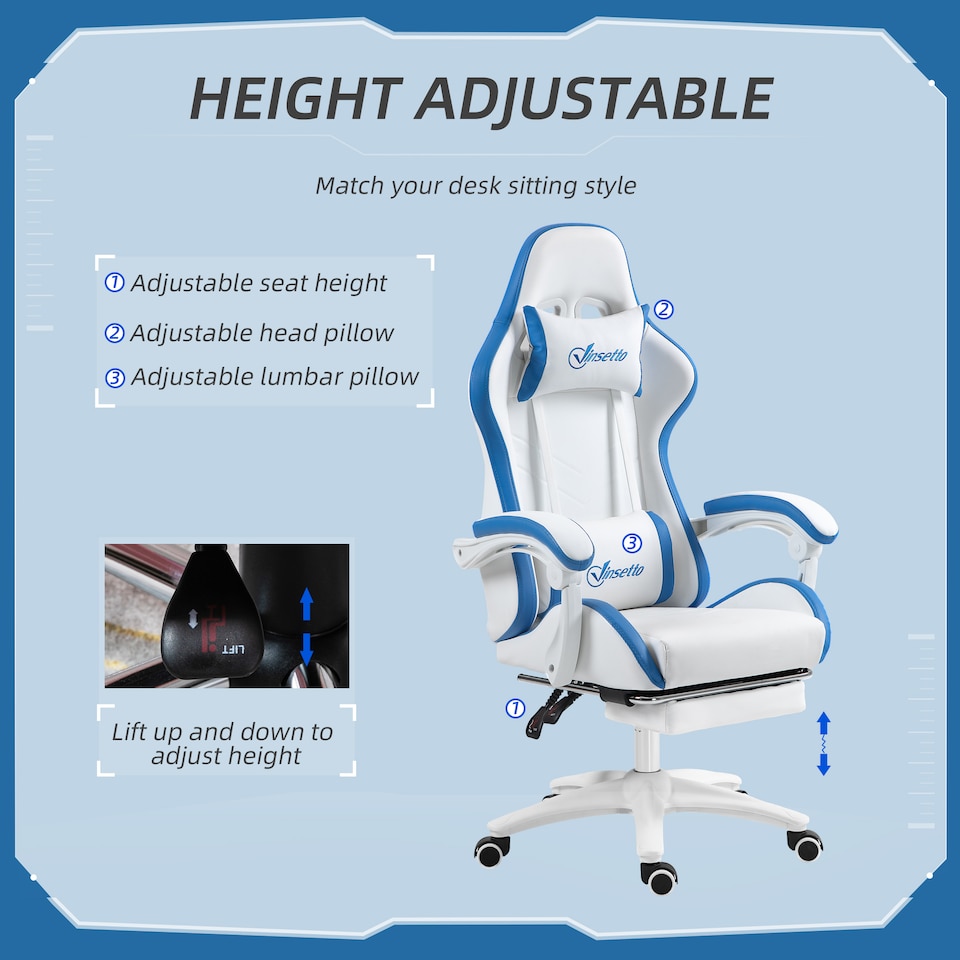 image 1 of Vinsetto Racing Style Gaming Chair with Reclining Function Footrest, Blue