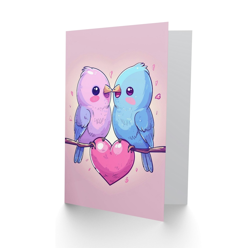 image 1 of Adorable Kawaii Birds Cartoon Kissing Anniversary Valentines Day Card