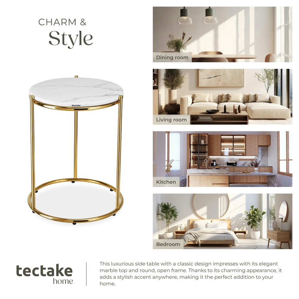 image 1 of Side Table Ellsa - marble top, steel frame, elegant design White | Gold