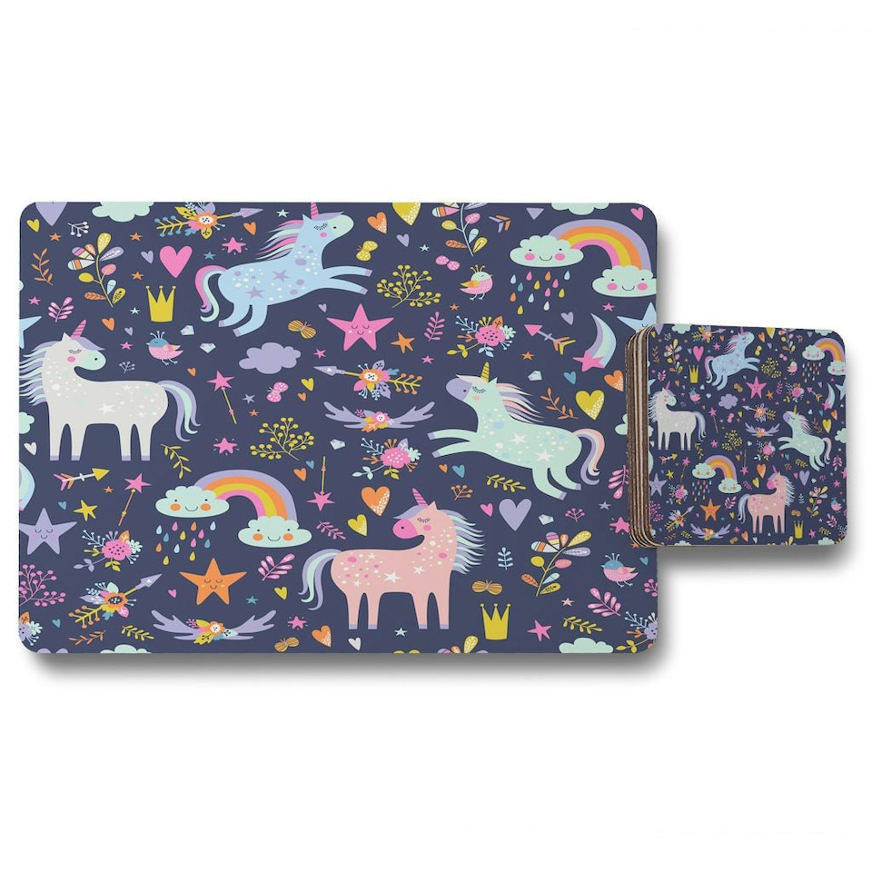 image 1 of unicorns on navy (Placemat & Coaster Set)