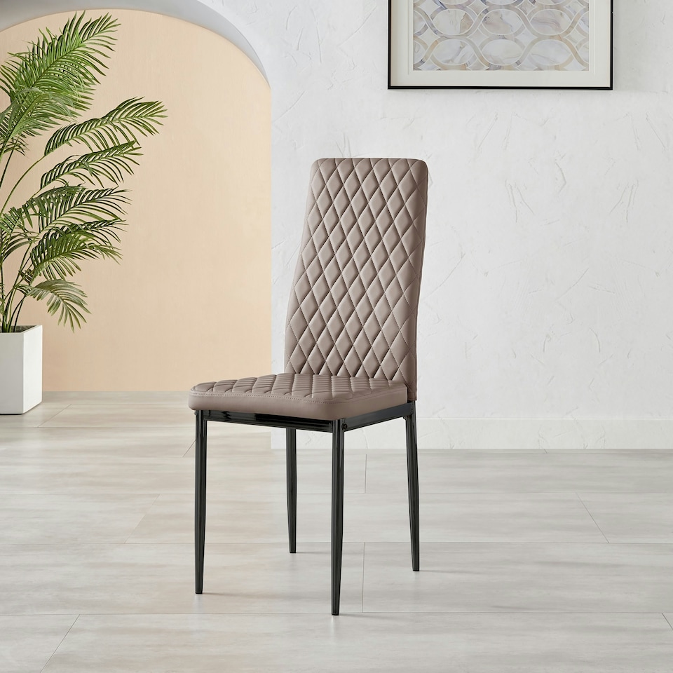 image 1 of Furniturebox 4x Milan Black Leg Cappuccino Hatched Faux Leather Dining Chairs