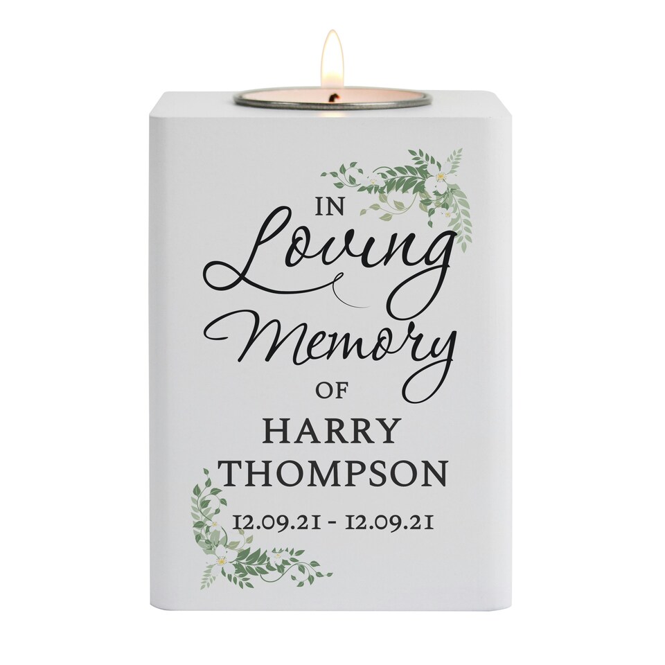 image 1 of Personalised In Loving Memory White Wooden Tea light Holder White