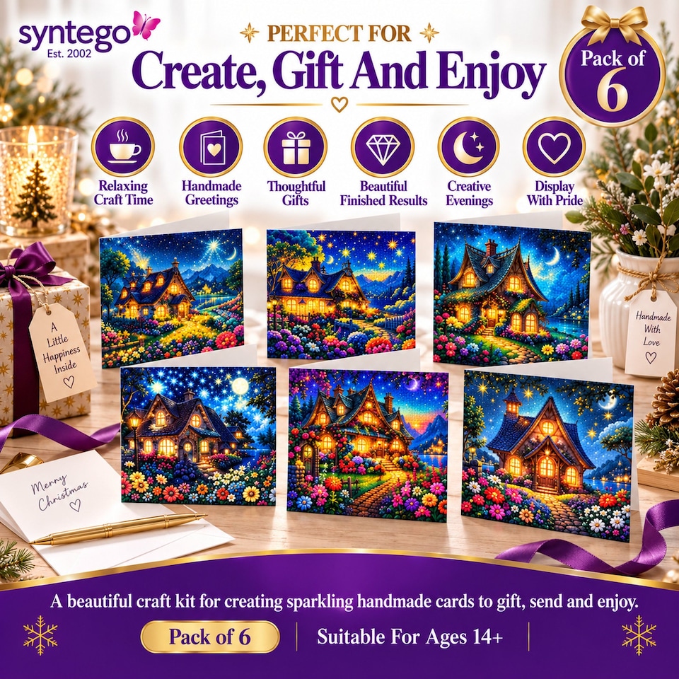 image 1 of Colourful Festive House Diamond Painting Christmas Card Kit, Pack of 6