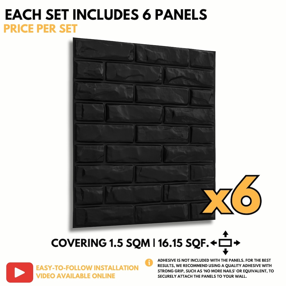 image 1 of NOVECRAFTO Brick Effect 3D Wall Panels – 6 Sheets Covering 1.5m² | 16.15ft² Interior Cladding Set | Urban Brick Design – Each Panel 50x50cm Classic Brick Black