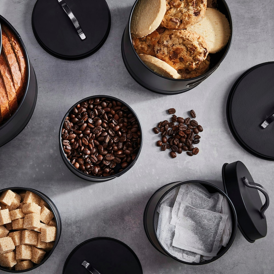 image 1 of Cooks Professional Kitchen Storage Set | 5-Piece | Bread Biscuit Tea Coffee Sugar | Black & Silver