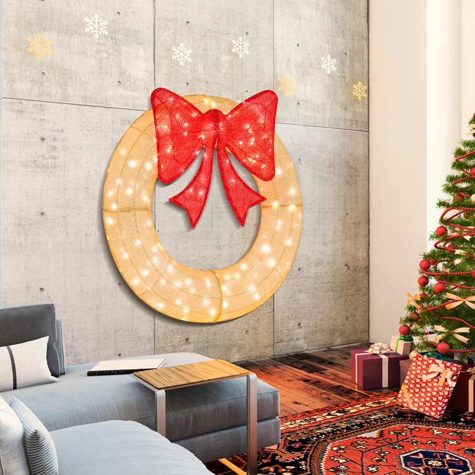 image 1 of COSTWAY 48 Inch Pre-Lit Christmas Wreath Indoor Outdoor Xmas Decorated Garland